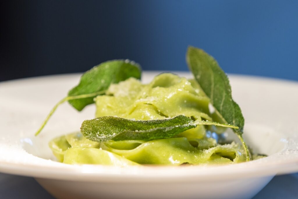 Fresh green ribbon pasta with crispy sage at Bianco Italian Restaurant Caloundra