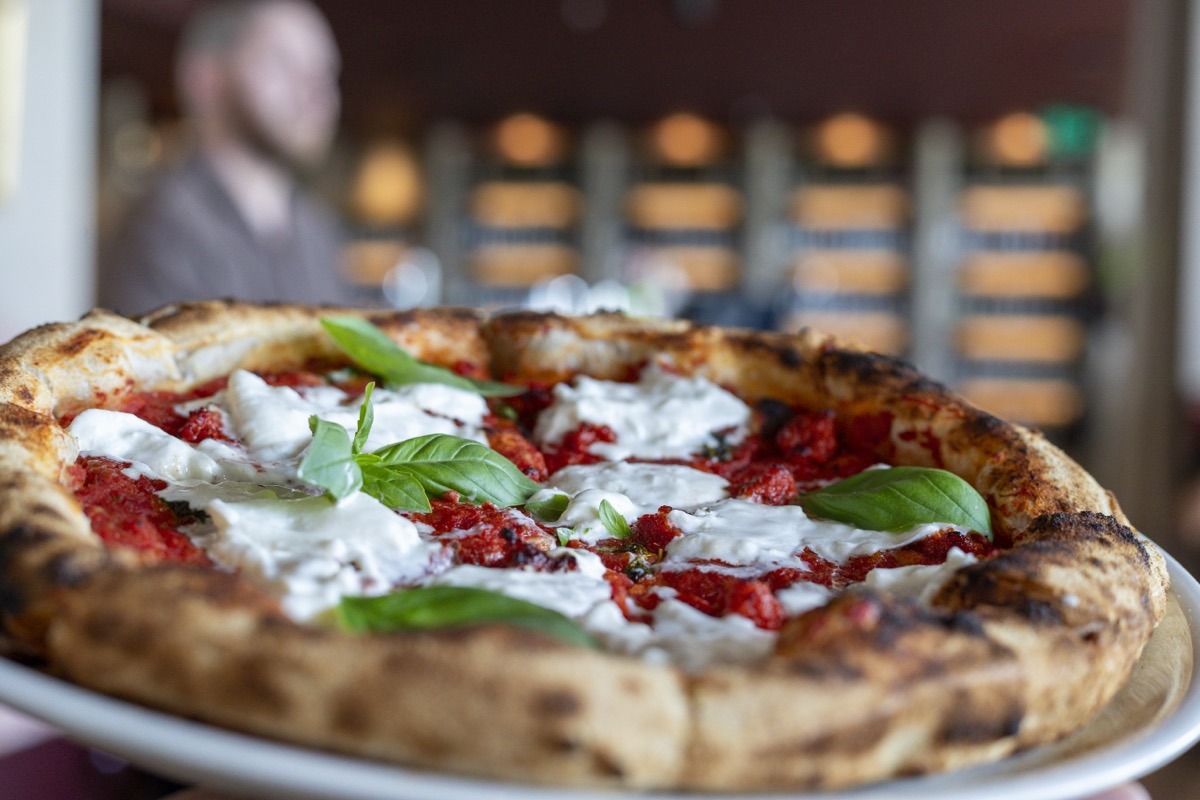 Woodfired pizza with burrata and basil at Bianco Italian Restaurant Caloundra