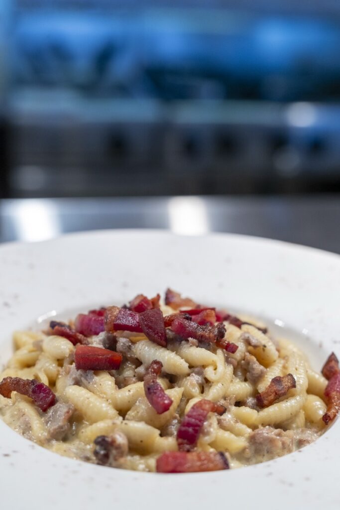 Creamy pasta with pancetta and mushrooms at Bianco Italian Restaurant Caloundra
